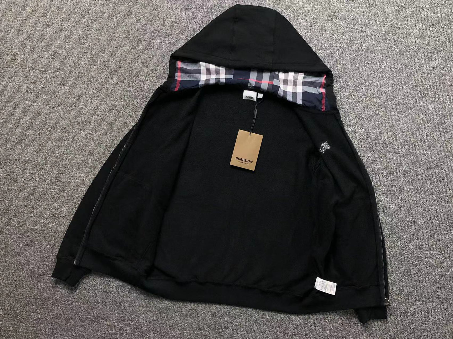 BURBERRY CHECK HOOD FULL ZIP HOODIE BLACK - Sin Sity Reps