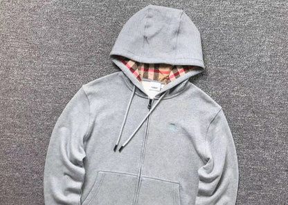 BURBERRY CHECK HOOD FULL ZIP HOODIE GREY - Sin Sity Reps