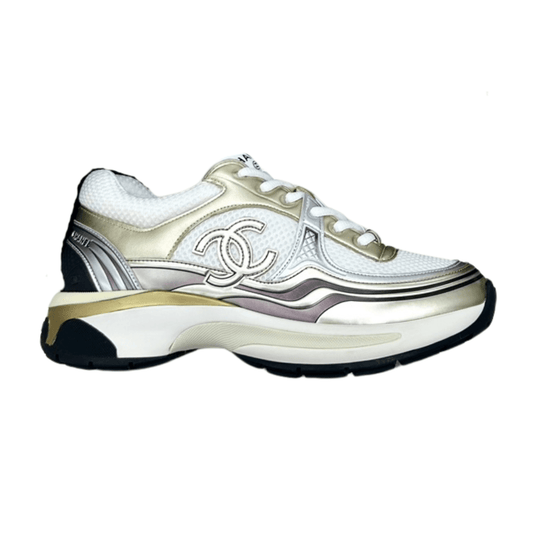 CHANEL CC RUNNERS SNEAKERS WHITE AND GOLD - Sin Sity Reps