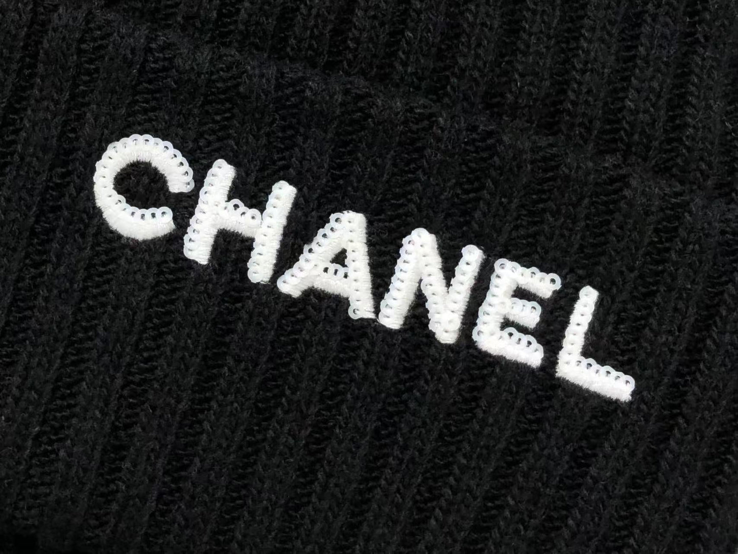 CHANEL CLOCHE WHITE SEQUIN LETTER LOGO BEANIE BLACK - Sin Sity Reps