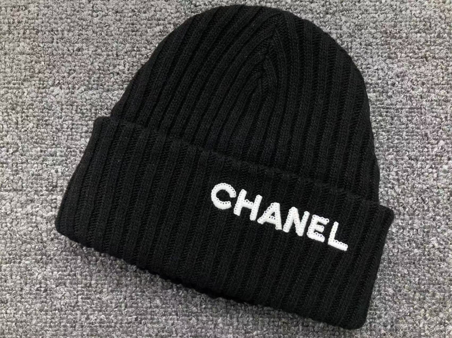 CHANEL CLOCHE WHITE SEQUIN LETTER LOGO BEANIE BLACK - Sin Sity Reps