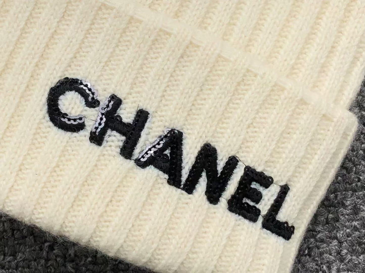 CHANEL CLOCHE WHITE SEQUIN LETTER LOGO BEANIE CREAM - Sin Sity Reps