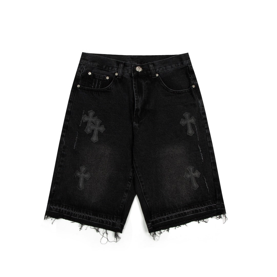 CHROME HEARTS BLACK CROSS PATCH JORTS BLACK - Sin Sity Reps