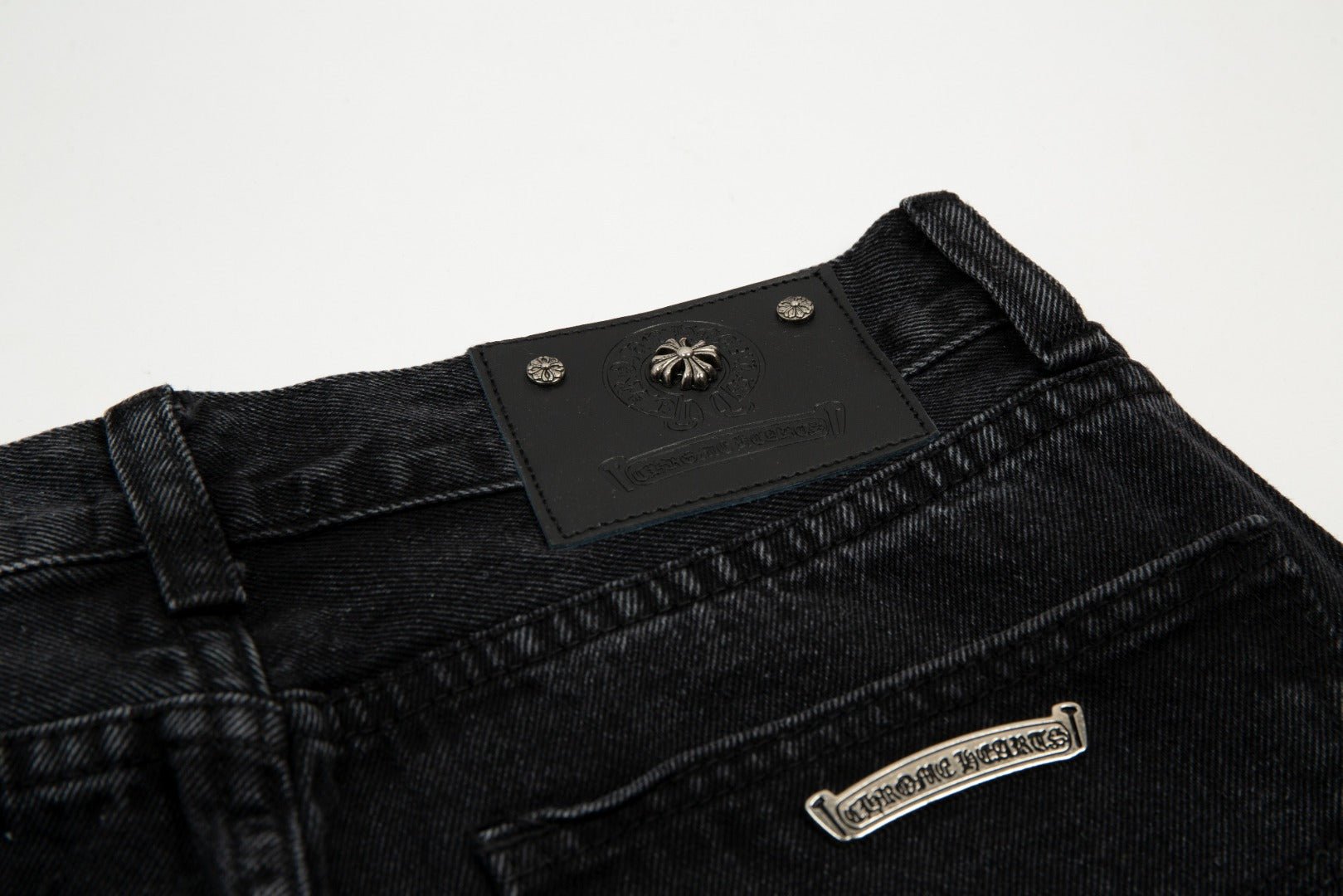 CHROME HEARTS BLACK CROSS PATCH JORTS BLACK - Sin Sity Reps