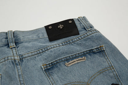 CHROME HEARTS BLACK CROSS PATCH JORTS WASHED DENIM - Sin Sity Reps