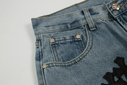 CHROME HEARTS BLACK CROSS PATCH JORTS WASHED DENIM - Sin Sity Reps