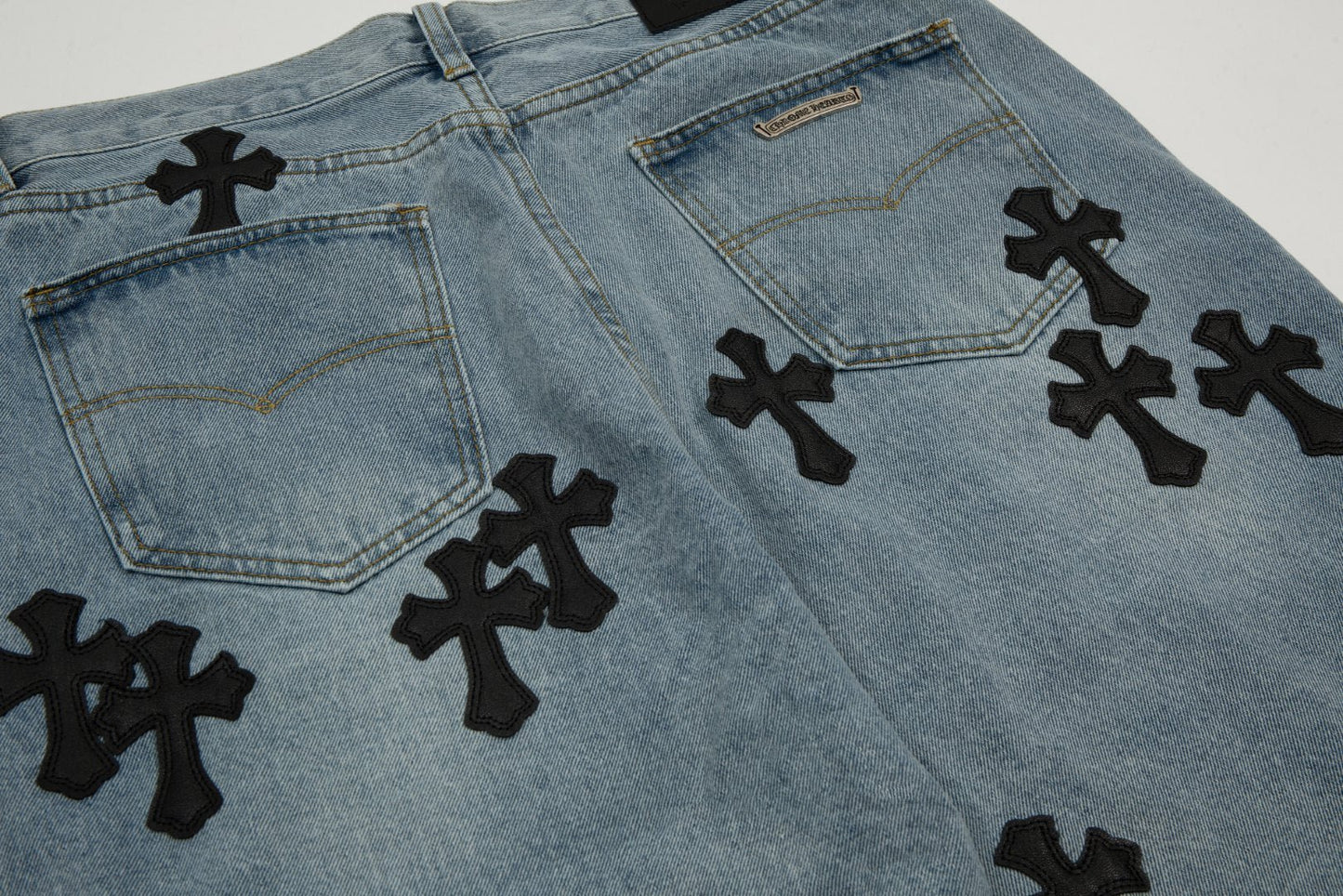 CHROME HEARTS BLACK CROSS PATCH JORTS WASHED DENIM - Sin Sity Reps