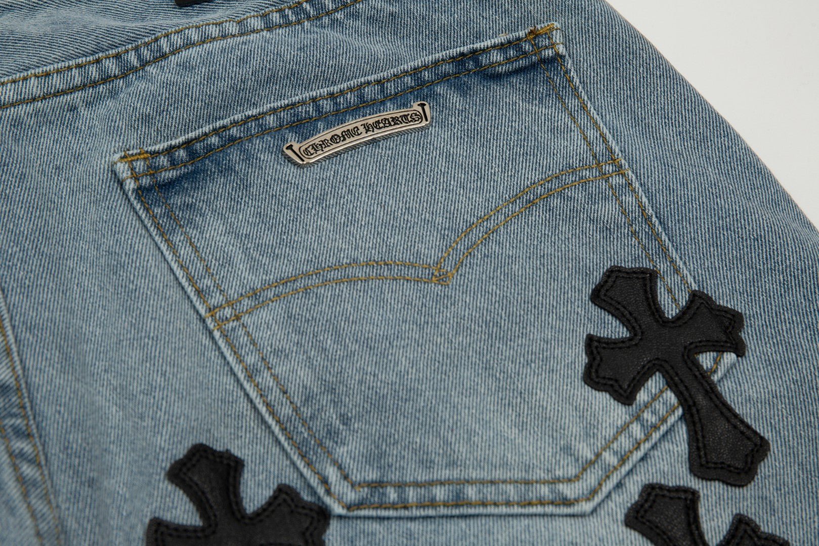 CHROME HEARTS BLACK CROSS PATCH JORTS WASHED DENIM - Sin Sity Reps