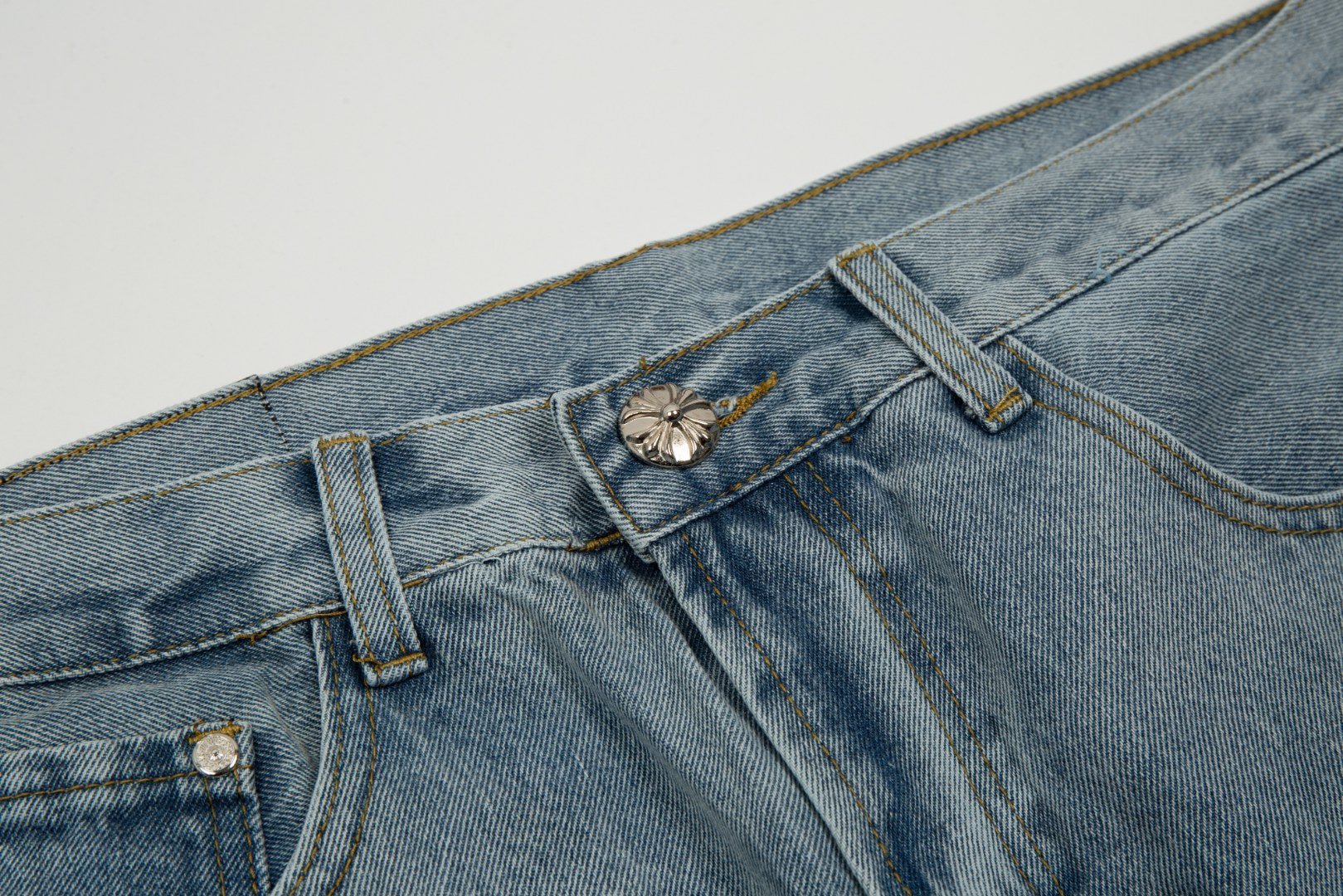 CHROME HEARTS BLACK CROSS PATCH JORTS WASHED DENIM - Sin Sity Reps