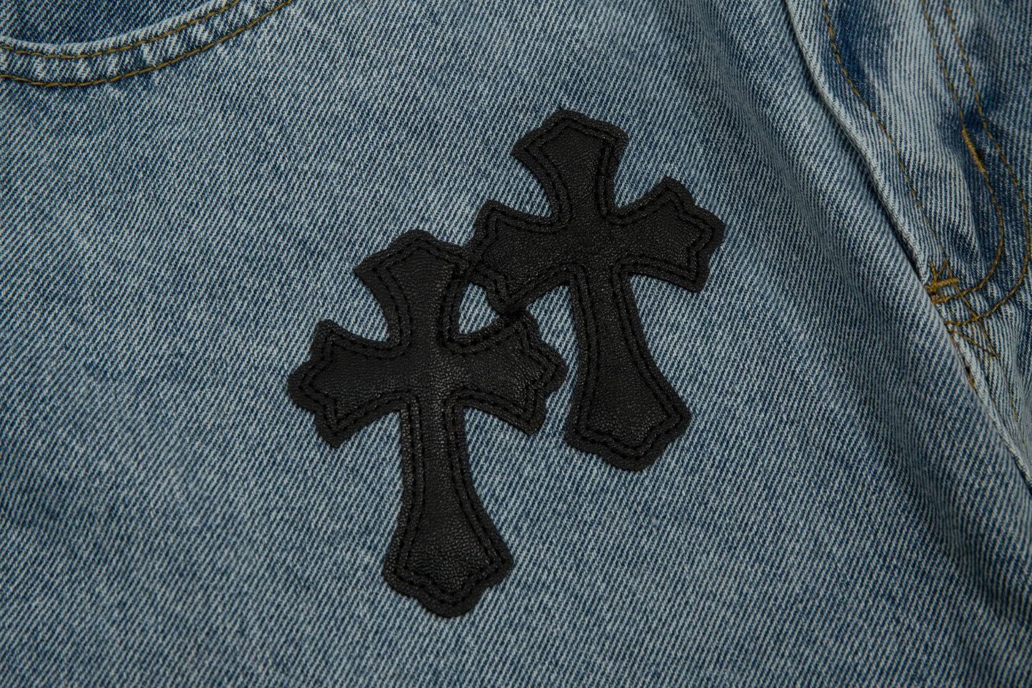 CHROME HEARTS BLACK CROSS PATCH JORTS WASHED DENIM - Sin Sity Reps