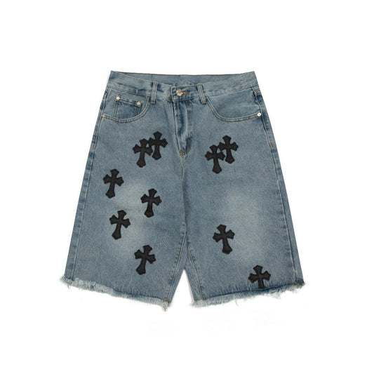 CHROME HEARTS BLACK CROSS PATCH JORTS WASHED DENIM - Sin Sity Reps