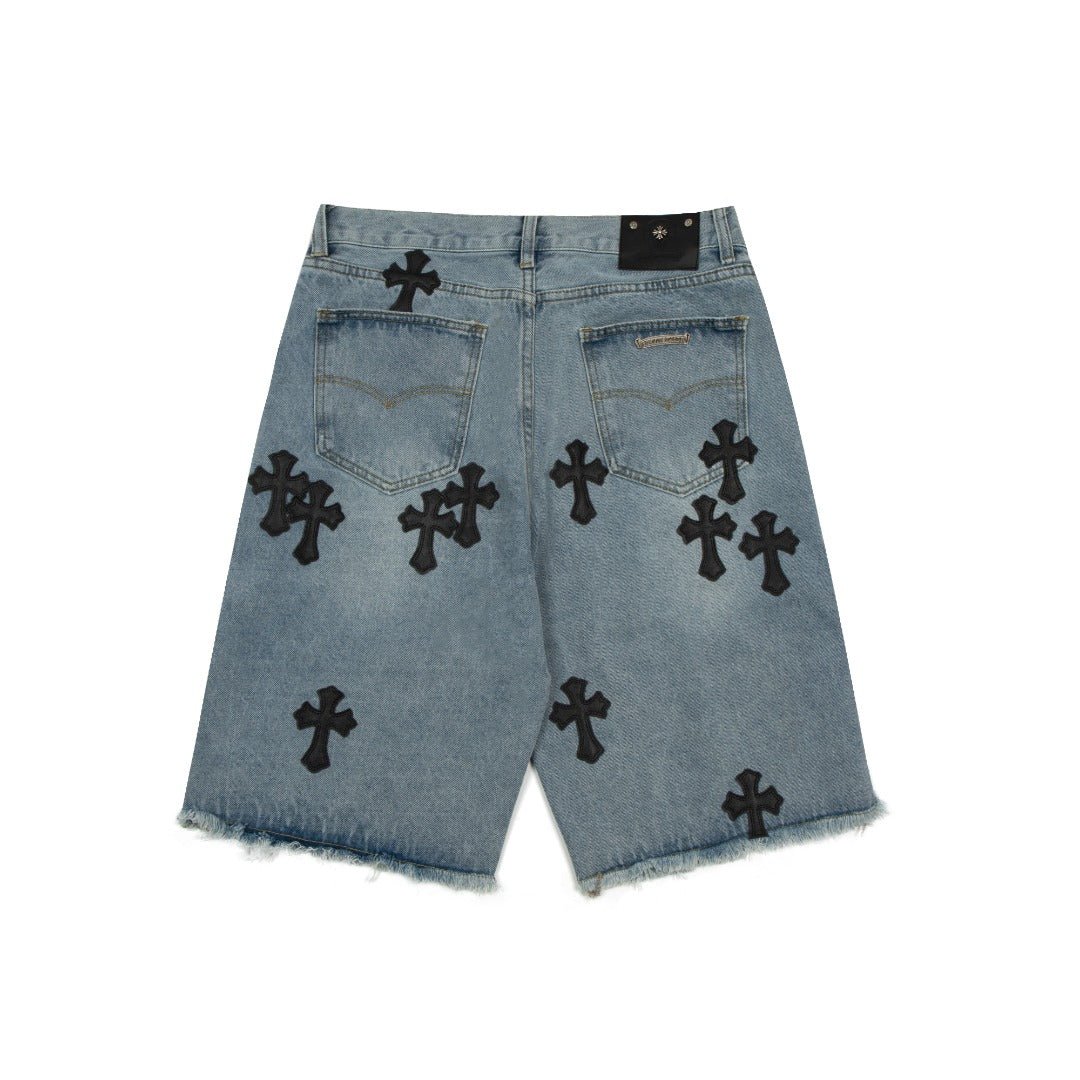 CHROME HEARTS BLACK CROSS PATCH JORTS WASHED DENIM - Sin Sity Reps