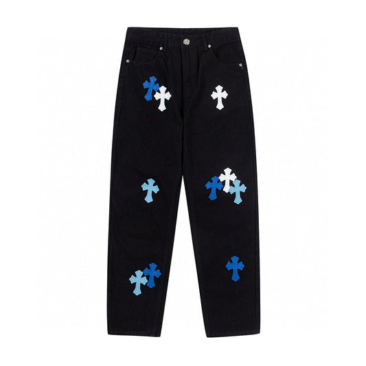 CHROME HEARTS BLUE CROSS PATCH JEANS BLACK - Sin Sity Reps