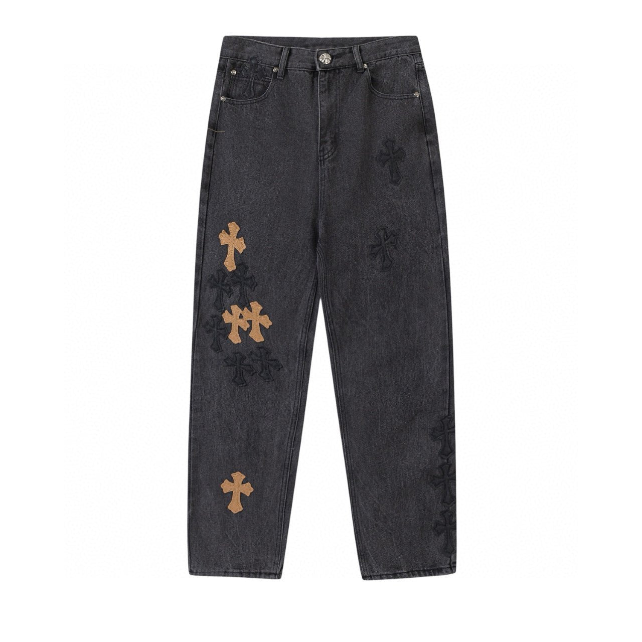 CHROME HEARTS BROWN CROSS PATCH JEANS BLACK - Sin Sity Reps