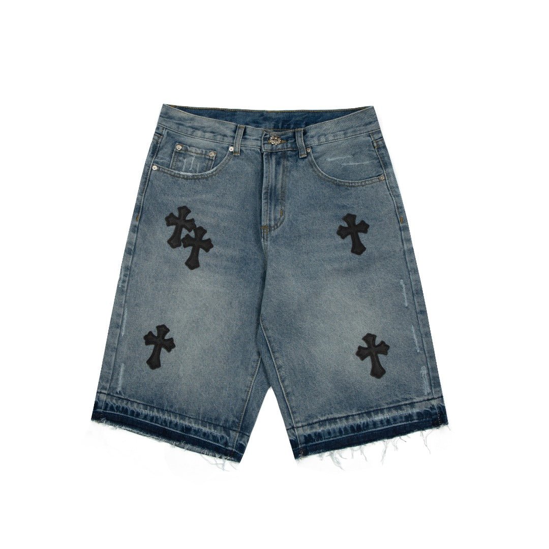 CHROME HEARTS CROSS PATCH BLACK EDGE JORTS WASHED DENIM - Sin Sity Reps