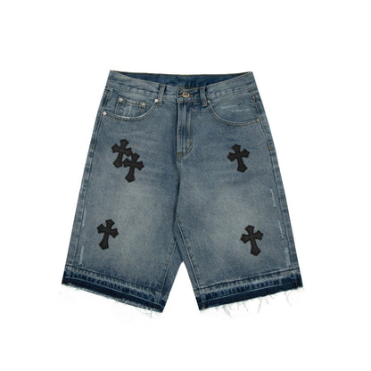 CHROME HEARTS CROSS PATCH BLACK EDGE JORTS WASHED DENIM - Sin Sity Reps