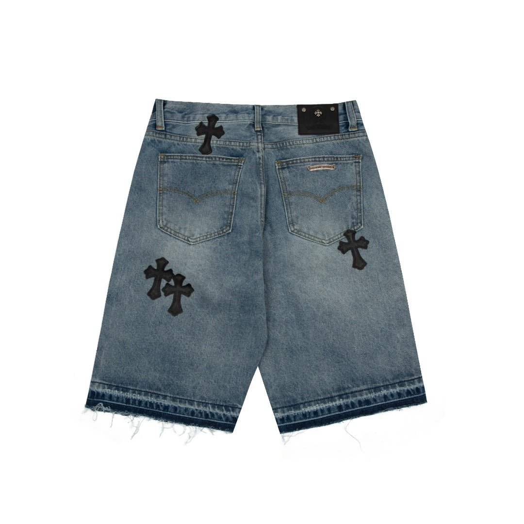 CHROME HEARTS CROSS PATCH BLACK EDGE JORTS WASHED DENIM - Sin Sity Reps