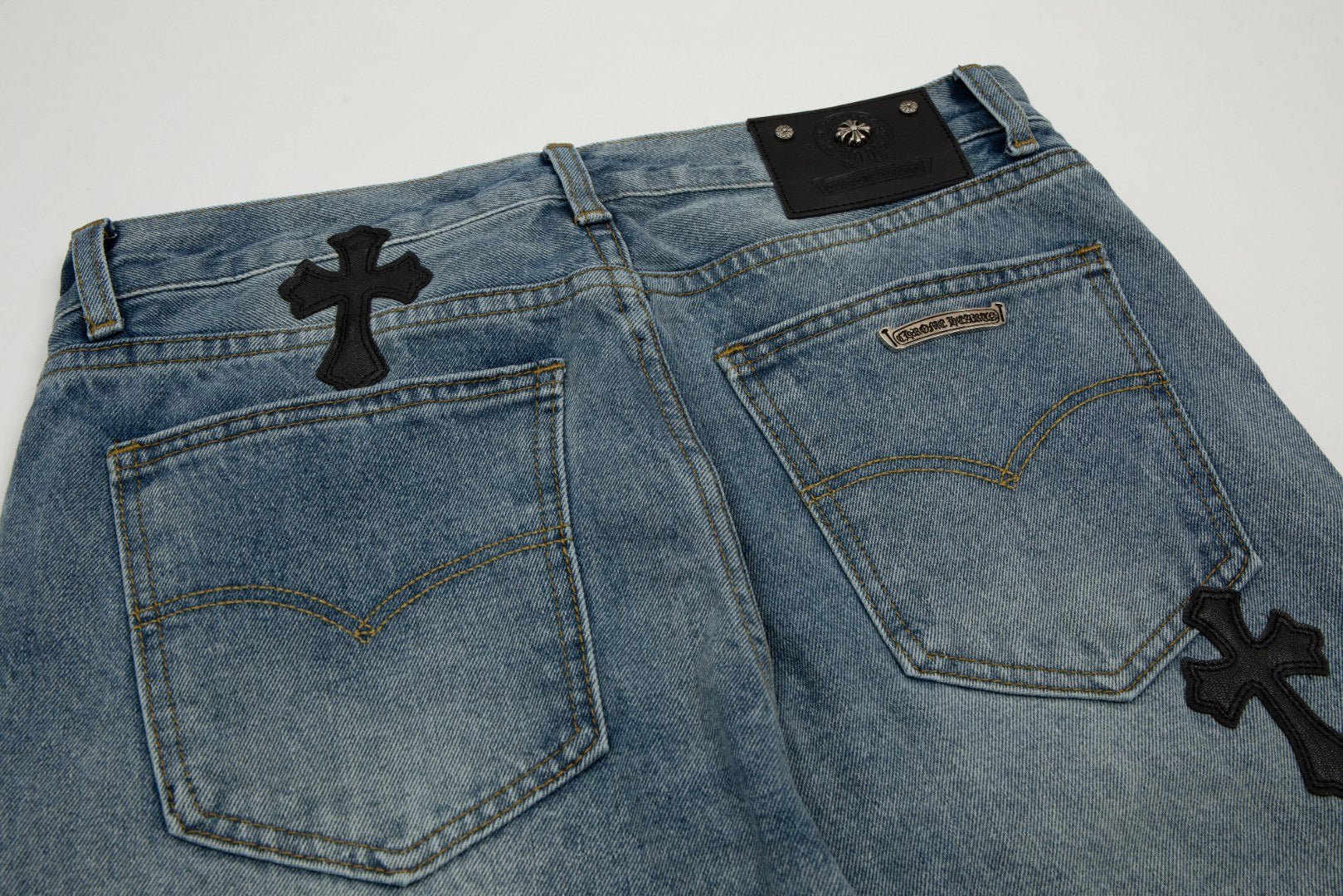 CHROME HEARTS CROSS PATCH BLACK EDGE JORTS WASHED DENIM - Sin Sity Reps