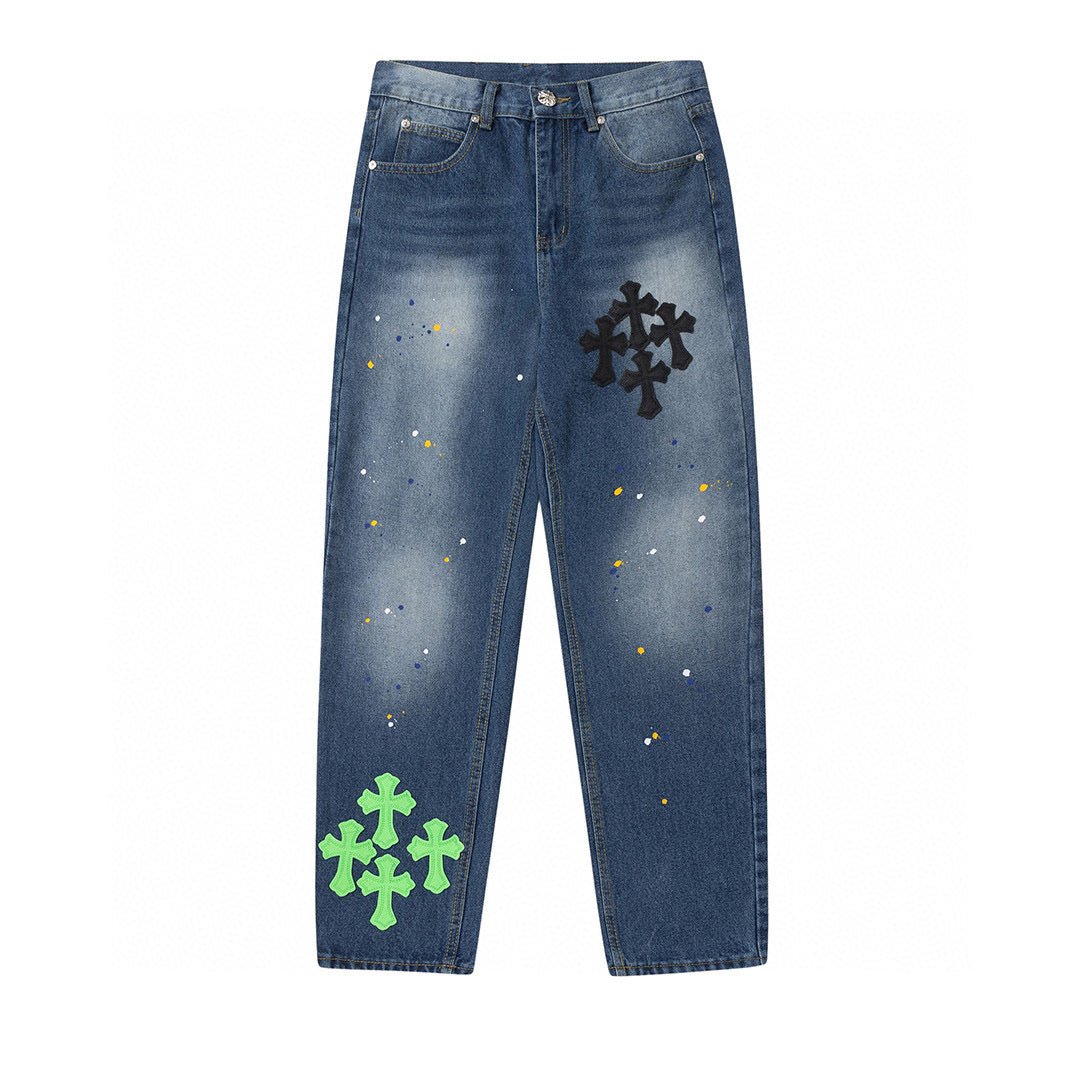 CHROME HEARTS GREEN CROSS PATCH JEANS DENIM - Sin Sity Reps