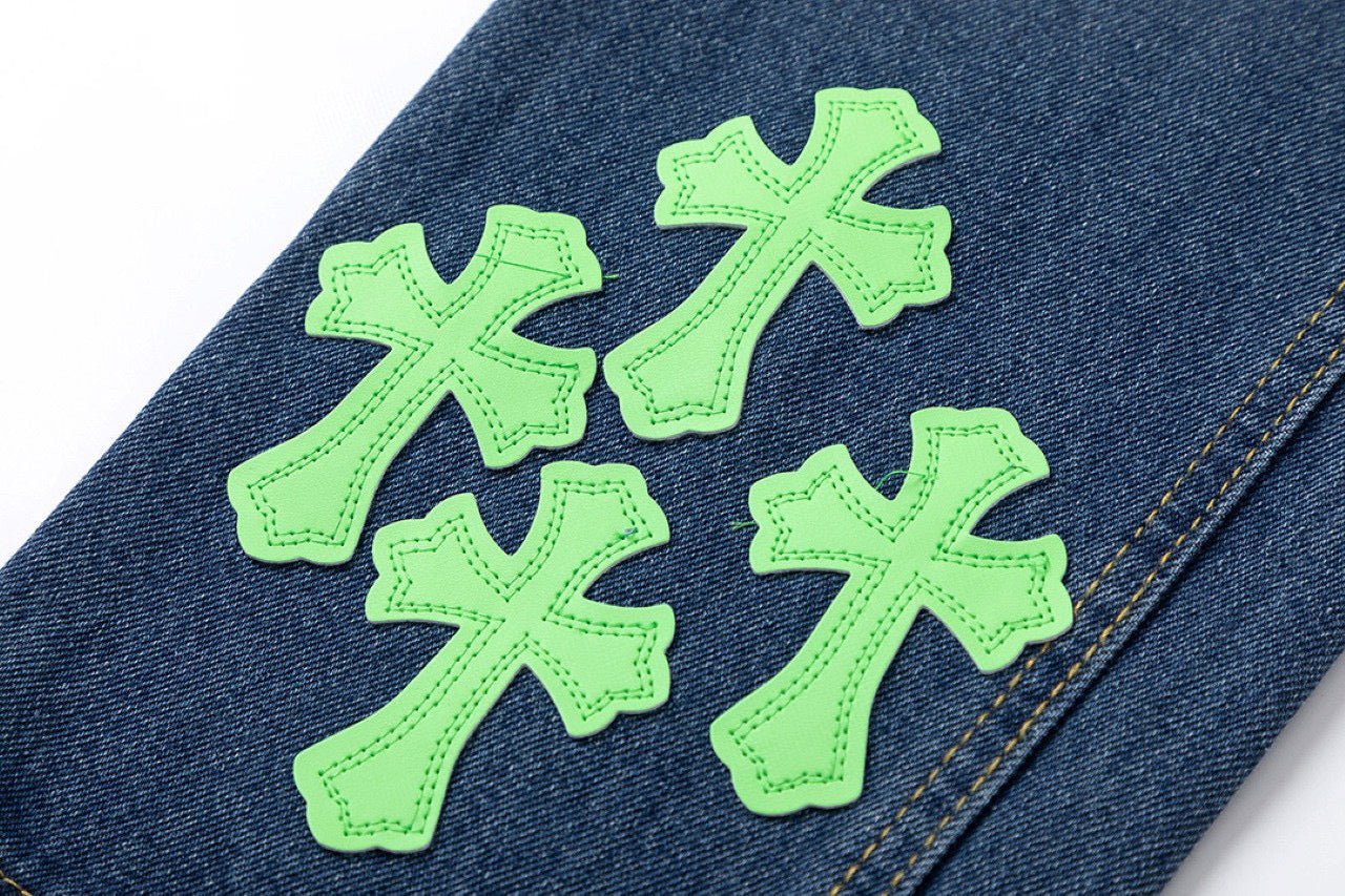 CHROME HEARTS GREEN CROSS PATCH JEANS DENIM - Sin Sity Reps