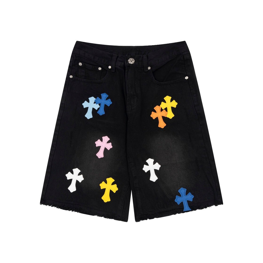 CHROME HEARTS MULTICOLOR CROSS PATCH JORTS BLACK - Sin Sity Reps