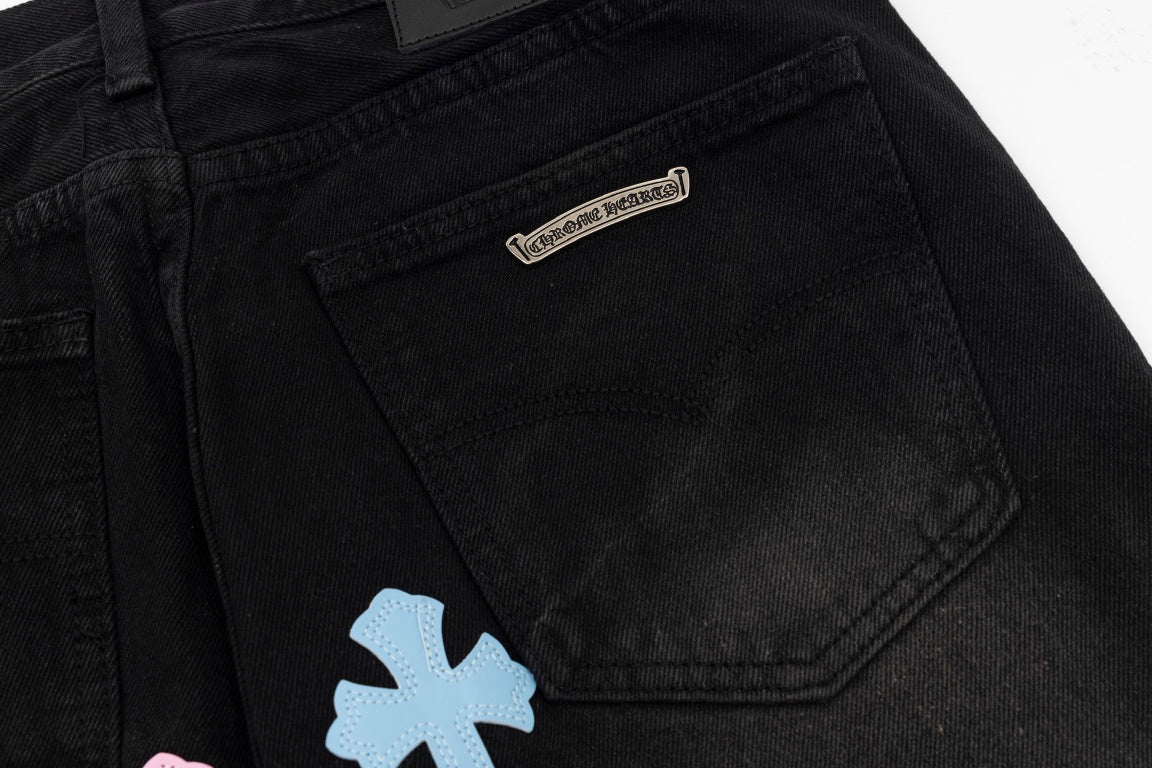 CHROME HEARTS MULTICOLOR CROSS PATCH JORTS BLACK - Sin Sity Reps