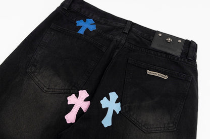 CHROME HEARTS MULTICOLOR CROSS PATCH JORTS BLACK - Sin Sity Reps