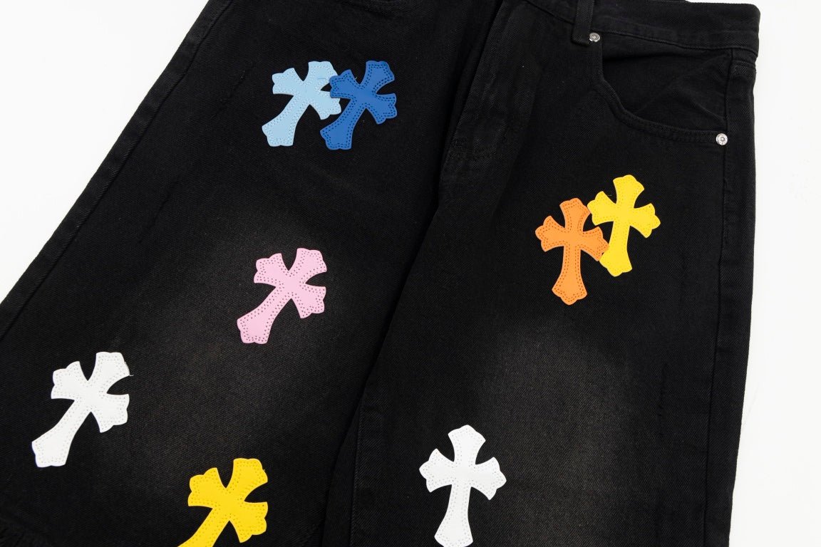 CHROME HEARTS MULTICOLOR CROSS PATCH JORTS BLACK - Sin Sity Reps