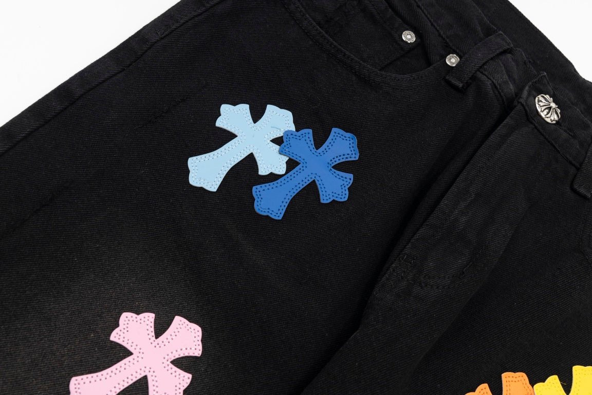 CHROME HEARTS MULTICOLOR CROSS PATCH JORTS BLACK - Sin Sity Reps