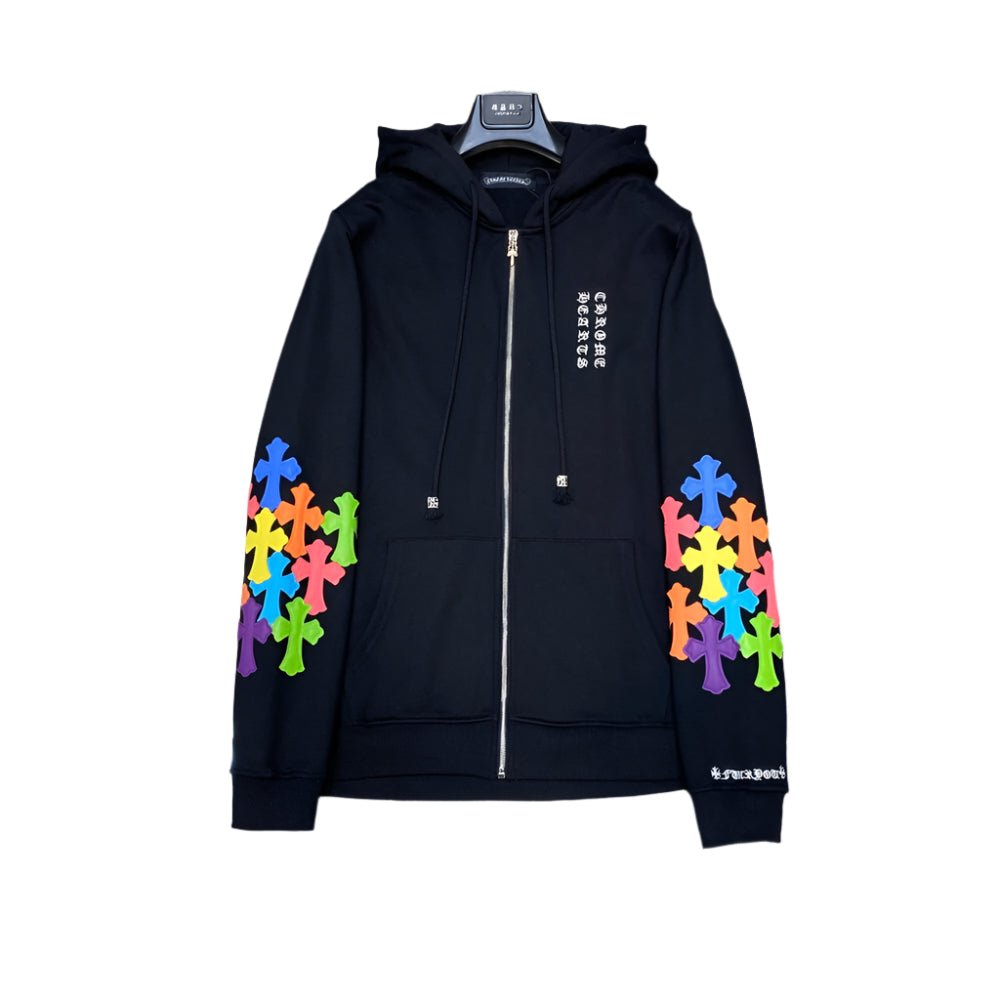 CHROME HEARTS MULTICOLOR CROSS PATCH ZIPPER HOODIE BLACK - Sin Sity Reps