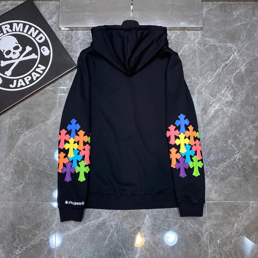 CHROME HEARTS MULTICOLOR CROSS PATCH ZIPPER HOODIE BLACK - Sin Sity Reps