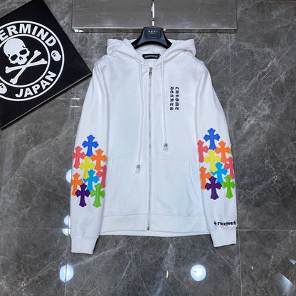 CHROME HEARTS MULTICOLOR CROSS PATCH ZIPPER HOODIE WHITE - Sin Sity Reps