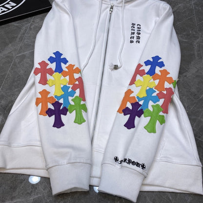 CHROME HEARTS MULTICOLOR CROSS PATCH ZIPPER HOODIE WHITE - Sin Sity Reps