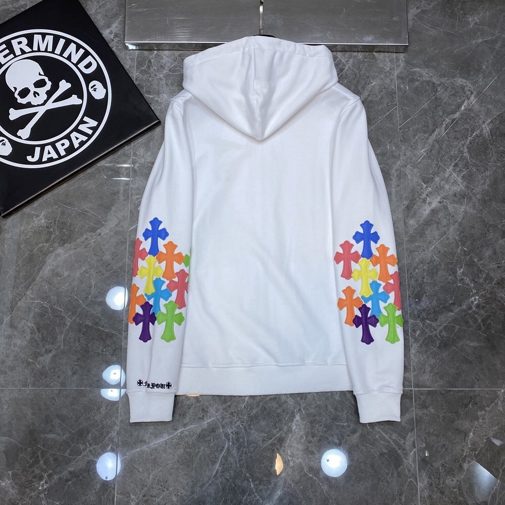 CHROME HEARTS MULTICOLOR CROSS PATCH ZIPPER HOODIE WHITE - Sin Sity Reps