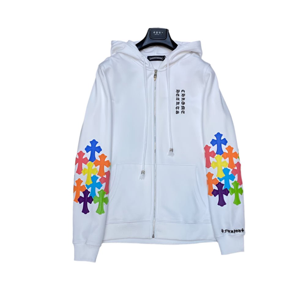 CHROME HEARTS MULTICOLOR CROSS PATCH ZIPPER HOODIE WHITE - Sin Sity Reps