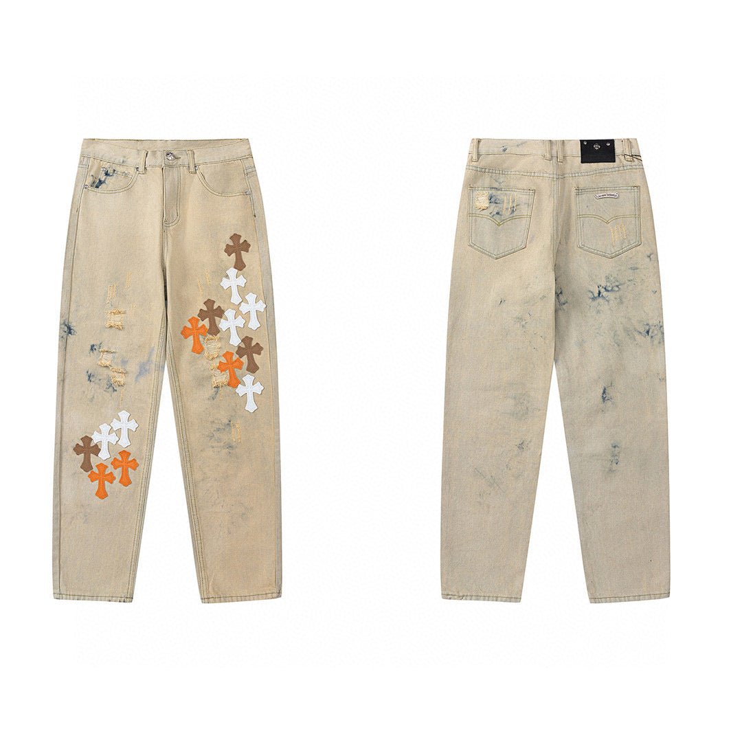 CHROME HEARTS ORANGE BROWN CROSS PATCH JEANS BEIGE - Sin Sity Reps