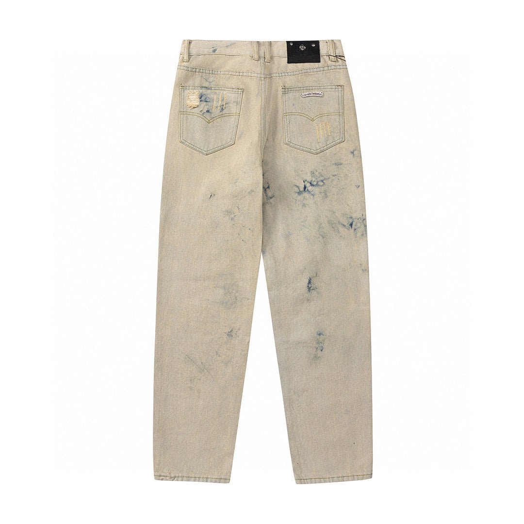 CHROME HEARTS ORANGE BROWN CROSS PATCH JEANS BEIGE - Sin Sity Reps