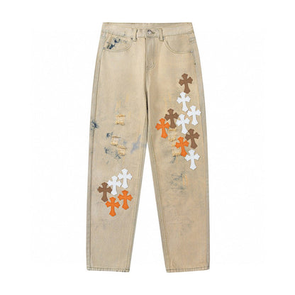 CHROME HEARTS ORANGE BROWN CROSS PATCH JEANS BEIGE - Sin Sity Reps