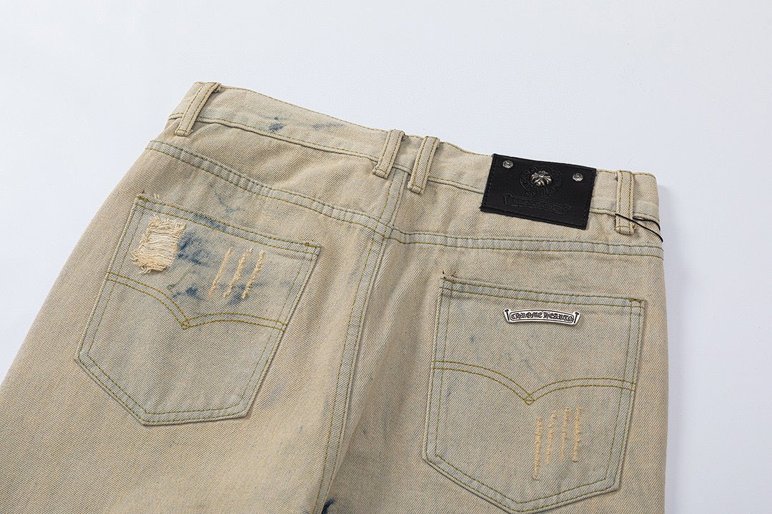 CHROME HEARTS ORANGE BROWN CROSS PATCH JEANS BEIGE - Sin Sity Reps