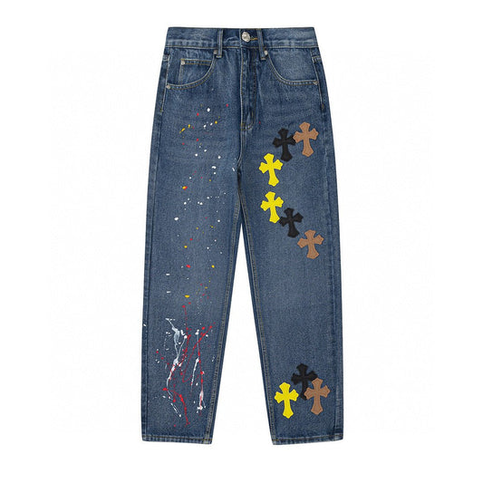 CHROME HEARTS PAINT DRIP CROSS PATCH JEANS DENIM - Sin Sity Reps