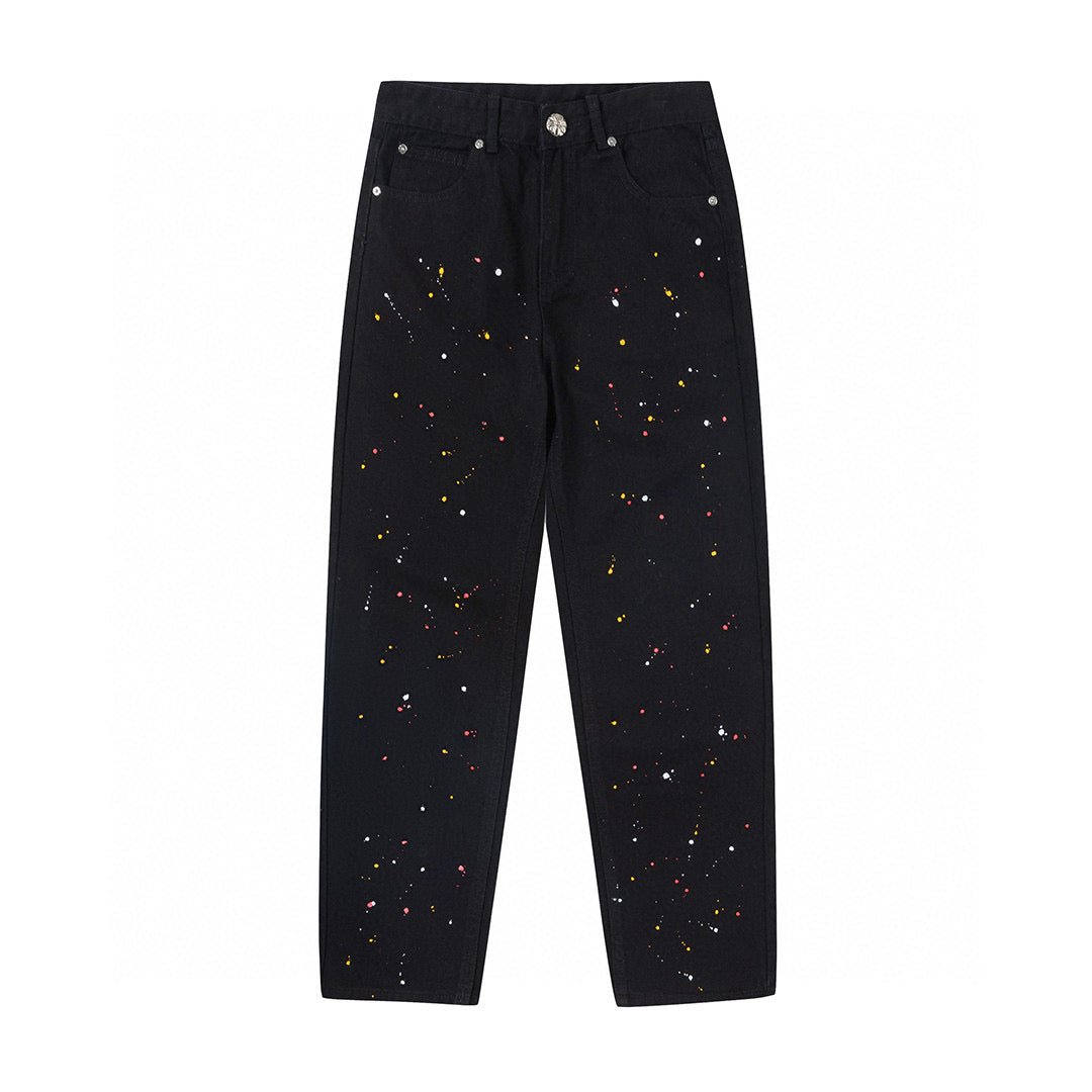 CHROME HEARTS PAINT DRIP YELLOW CROSS PATCH JEANS BLACK - Sin Sity Reps