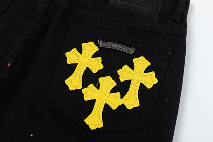 CHROME HEARTS PAINT DRIP YELLOW CROSS PATCH JEANS BLACK - Sin Sity Reps