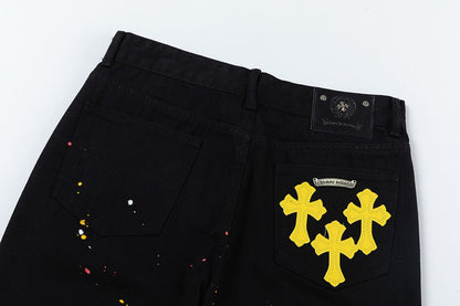 CHROME HEARTS PAINT DRIP YELLOW CROSS PATCH JEANS BLACK - Sin Sity Reps