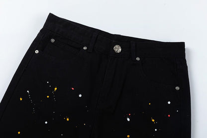 CHROME HEARTS PAINT DRIP YELLOW CROSS PATCH JEANS BLACK - Sin Sity Reps