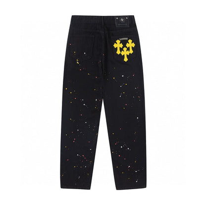 CHROME HEARTS PAINT DRIP YELLOW CROSS PATCH JEANS BLACK - Sin Sity Reps