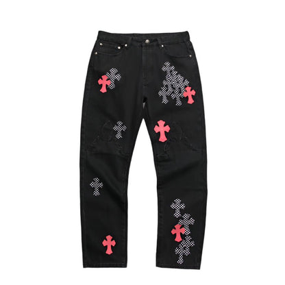 CHROME HEARTS PINK & CHECKERED CROSS PATCH FLEURKNEE JEANS BLACK - Sin Sity Reps