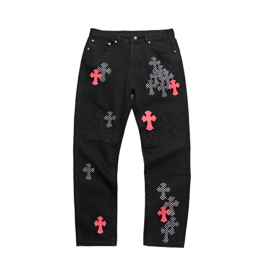 CHROME HEARTS PINK & CHECKERED CROSS PATCH FLEURKNEE JEANS BLACK - Sin Sity Reps