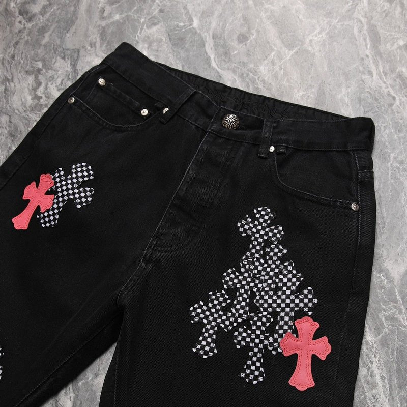 CHROME HEARTS PINK & CHECKERED CROSS PATCH FLEURKNEE JEANS BLACK - Sin Sity Reps