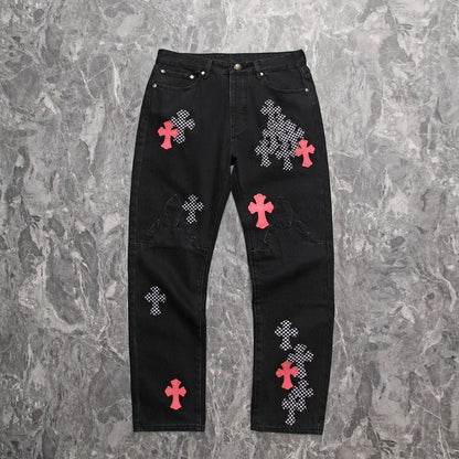 CHROME HEARTS PINK & CHECKERED CROSS PATCH FLEURKNEE JEANS BLACK - Sin Sity Reps