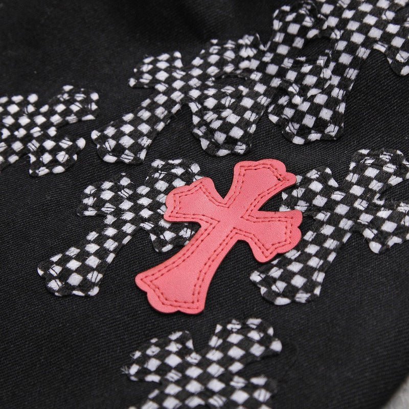 CHROME HEARTS PINK & CHECKERED CROSS PATCH FLEURKNEE JEANS BLACK - Sin Sity Reps